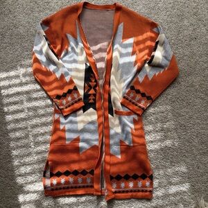 Aztec Patterned Orange Cardigan Sweater